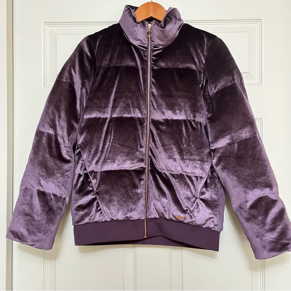 SWEATY BETTY Velvet Puffer Jacket Purple Gold Zipper Shimmer Pockets Size Small - Picture 4 of 14
